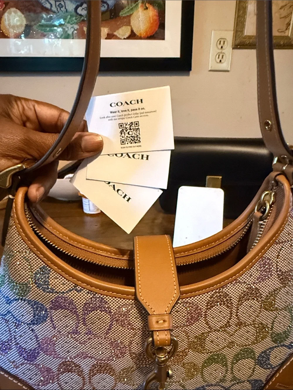 Coach Multicolor Signature Crescent Shoulder Bag with Tan Leather Trim - Picture 8 of 11